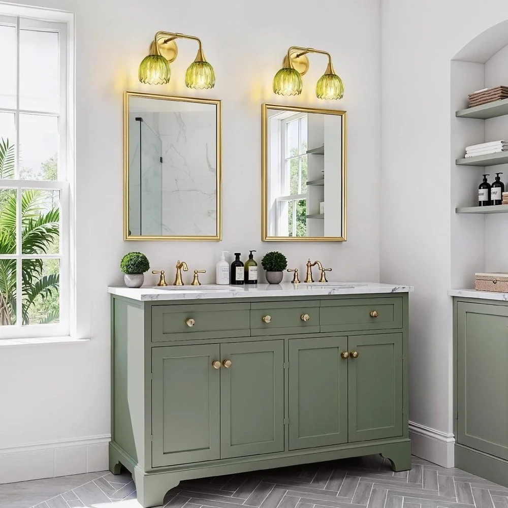 New 2-Light Vintage Vanity Fixture Brushed Gold Green Tulip Glass Bathroom